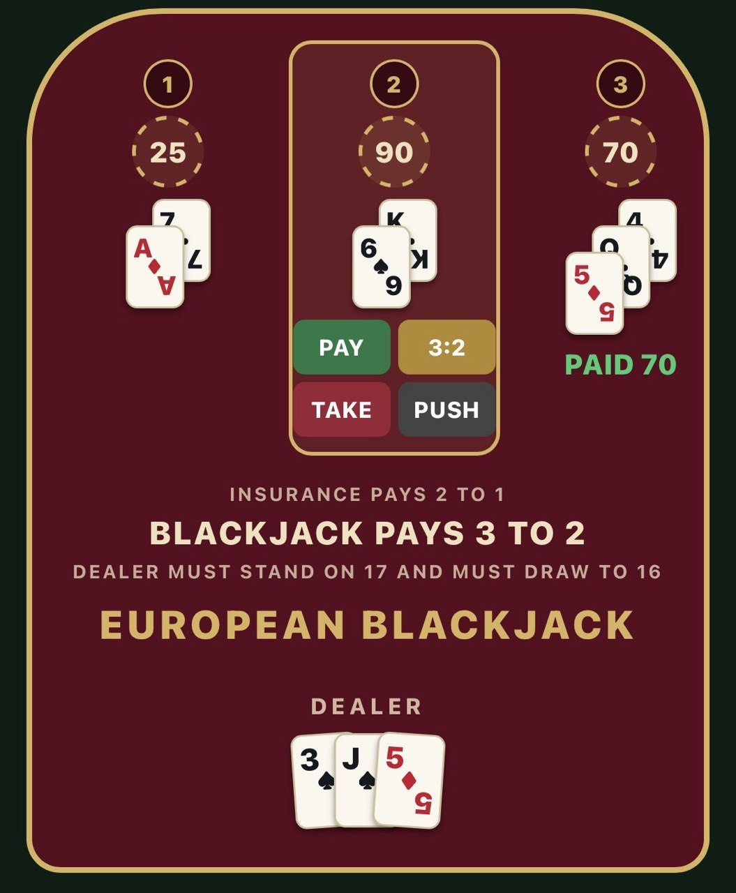 Blackjack payment drill showing three player hands and PAY, TAKE, PUSH and 3:2 options