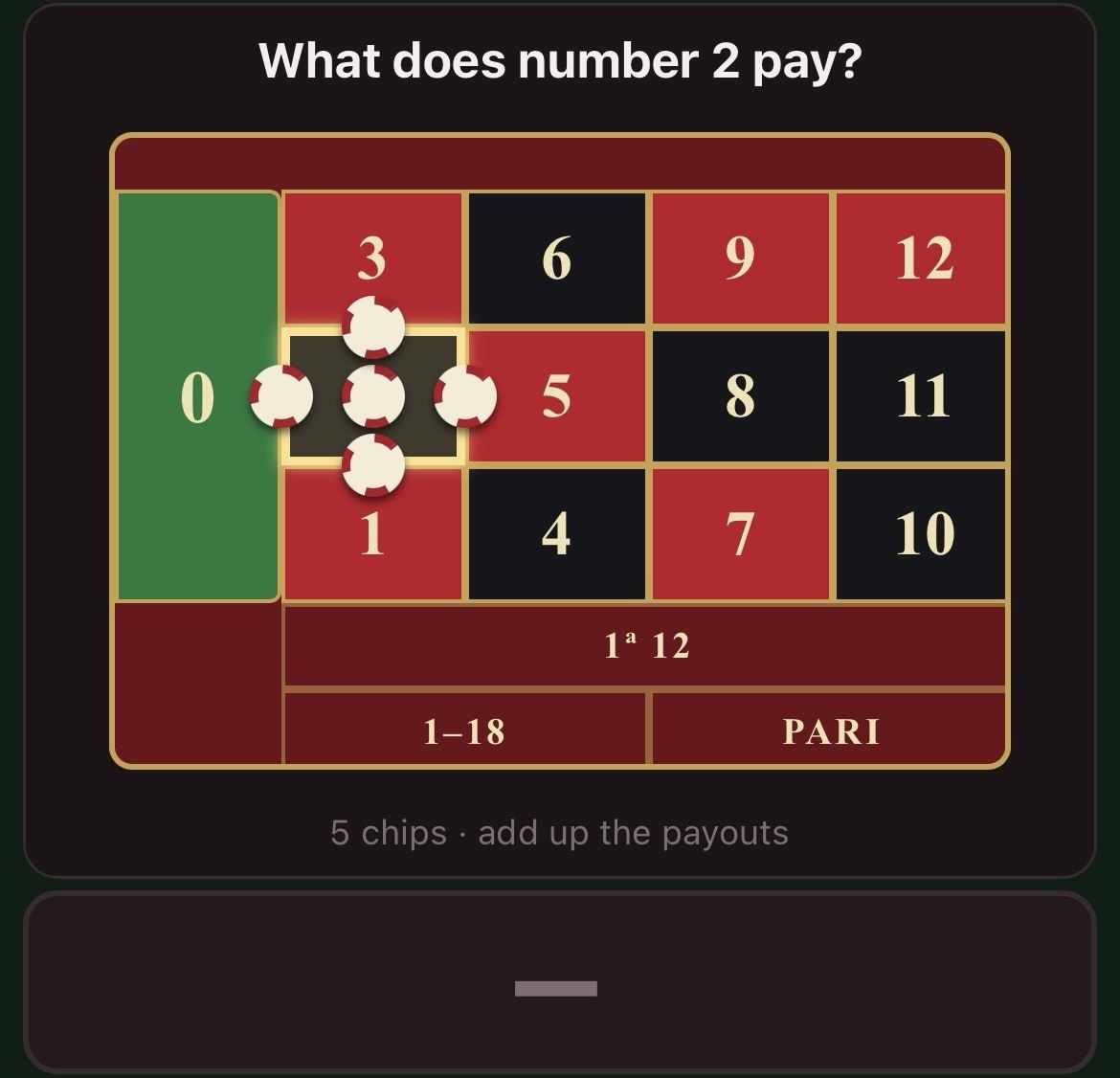 Roulette payout drill asking what a numbered bet pays, with chips on the layout